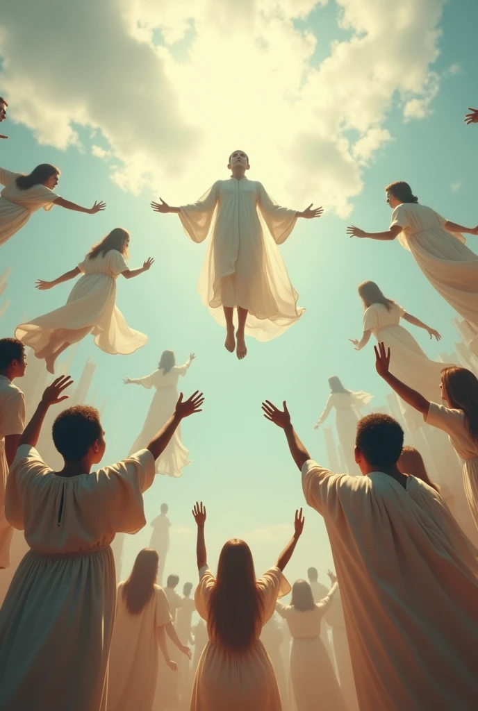 Create many people floating towards the sky and a person dressed in white floating majestically 