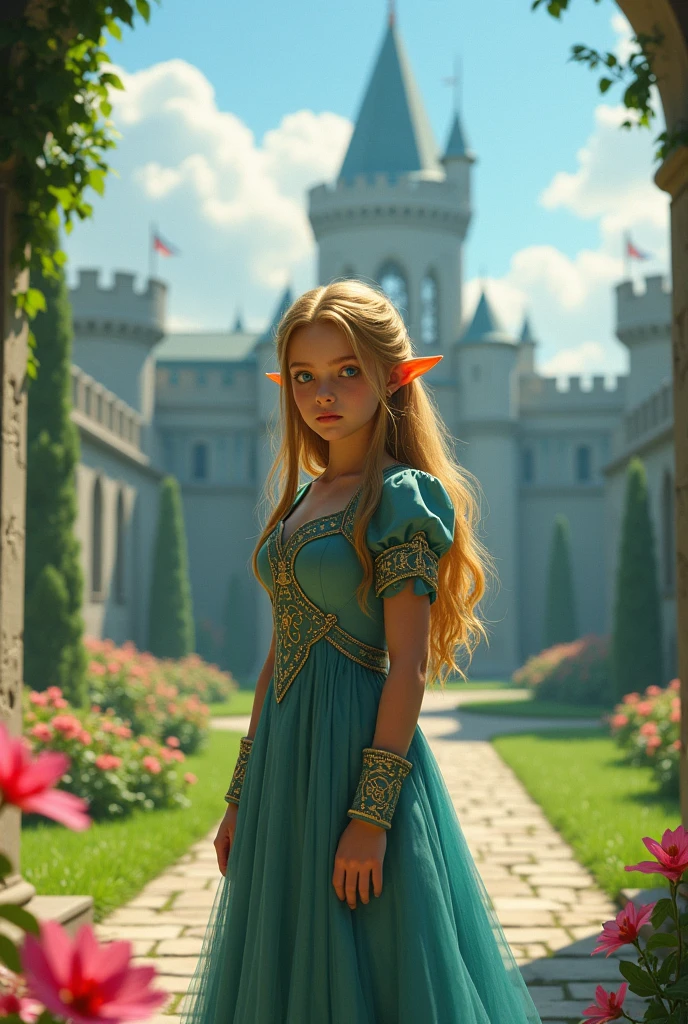 princess zelda, young zelda, oot, outdoors, looking at viewer, serious, medium shot, outside, castle courtyard, flowers, grass, blue sky, extreme detail