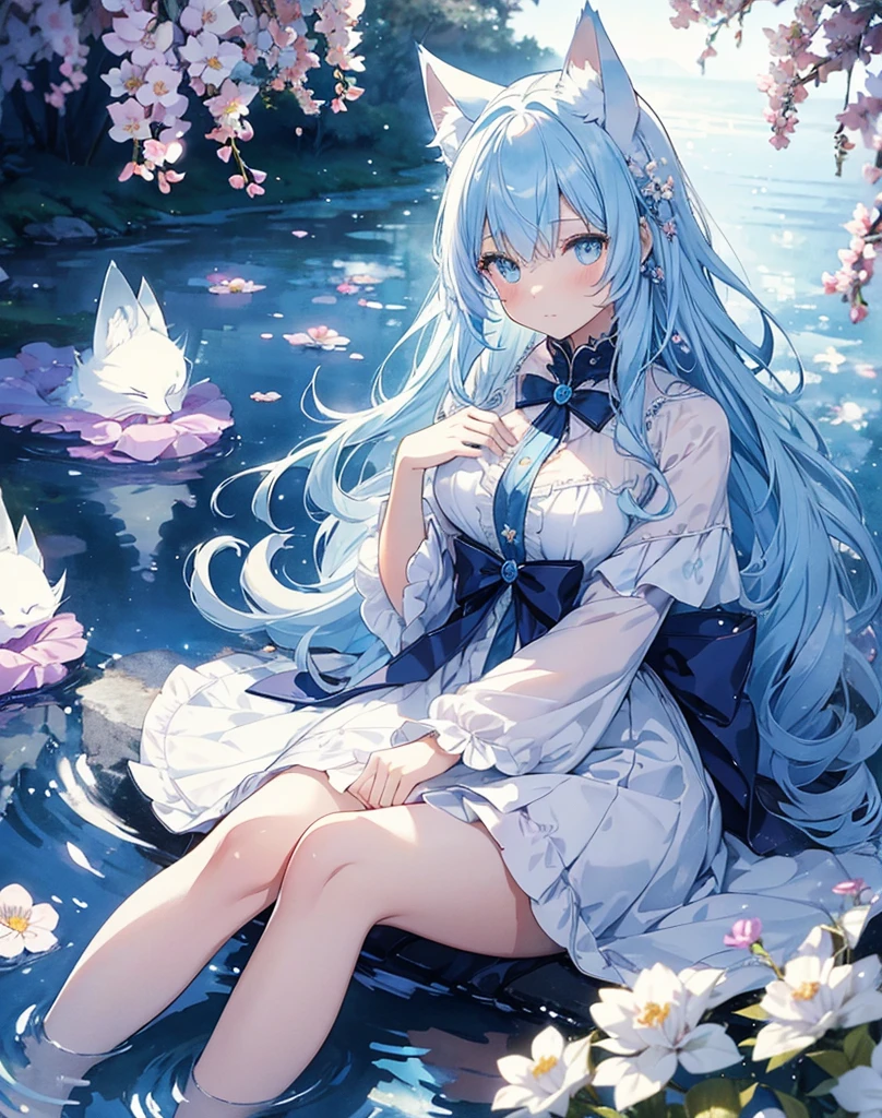 (high quality, 8k), (Soft Light), Iridescent, One nekoGirl, neko ears, fox tail,Detailed face, Beautiful Eyes, watercolor paiting, So magical and dreamy, Dreamy details, Dreamy atmosphereとドラマ, Gorgeous atmosphere, Fantastic and beautiful lighting, Dreamy atmosphere, Beautiful atmosphere, Dreamy Romantic, Fantastic and dreamy theme, Magical atmosphere, Beautiful atmosphere, Anime Background Art, Magical atmosphere + Tabletop, Dreamy aesthetics, Beautiful details with atmosphere, Lots of flowers, bubble, water, garden, Sit on the ground, Shining Eyes. (((Light blue hair))), (((white cat ears))), (((light blue fox tail))). Water