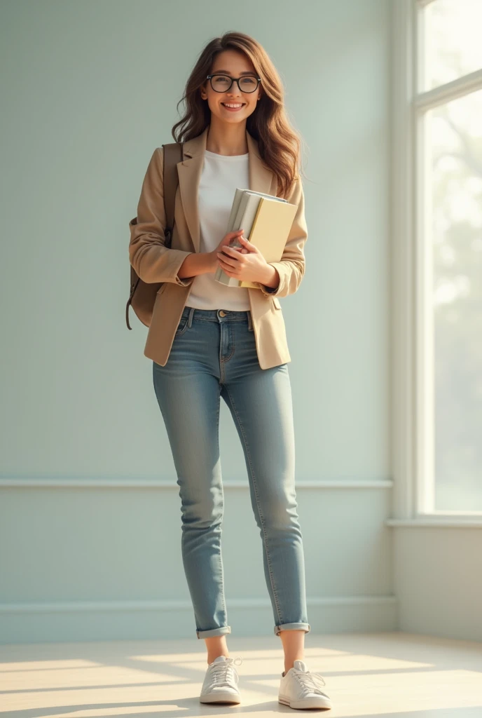 young cheerful teacher, with glasses, standing , with eyes forward, notebooks in hand