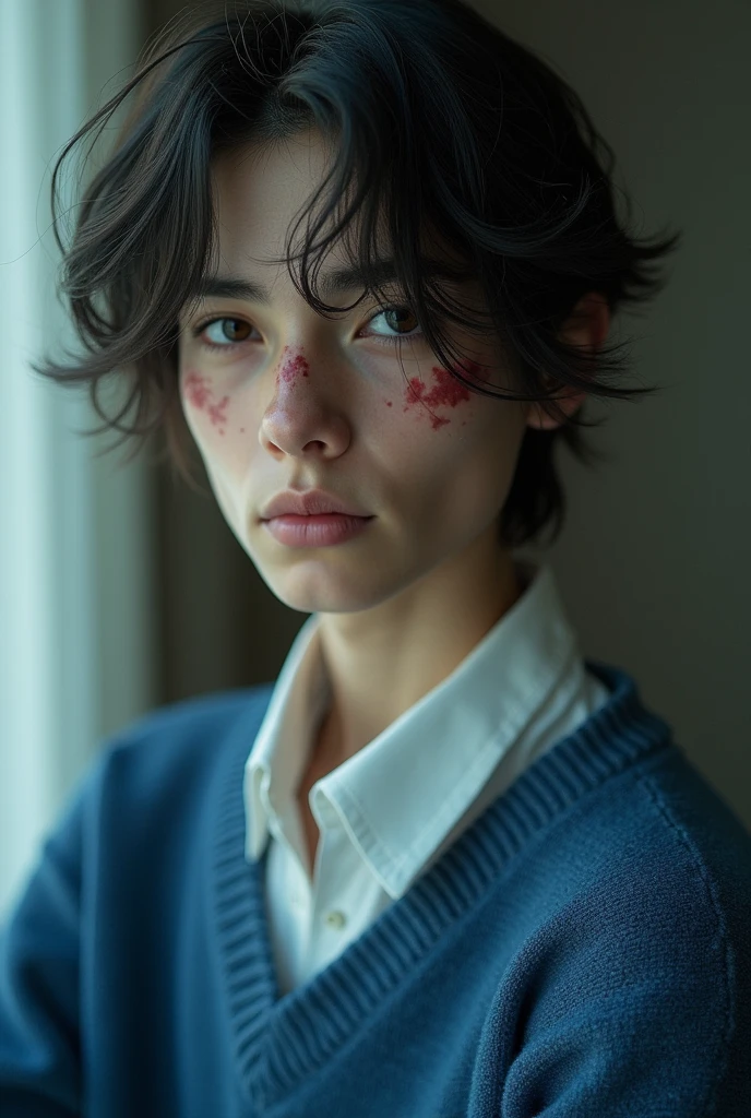 A skinny boy who is 165 years old and 15 years old, with a face like a slut, wearing a blue sweater and a white shirt, with a side-swept hairstyle and imperfections