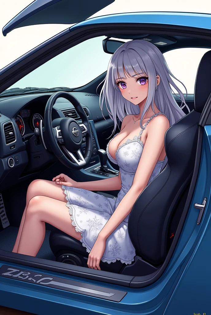 Elizabeth from the 7 deadly sins with great features inside a gtr 35 from the side do it like a drawing