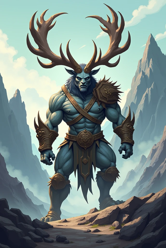 Design a 2D stylized illustration of 'Granite,' an elk-like creature with earth elemental powers. Granite should be depicted in a defensive pose, with stone armor covering its body. The background should feature a mountainous terrain with jagged peaks, rocky outcrops, and a misty horizon, creating a grand and enduring environment that emphasizes the elk's strength and the solidity of the earth element.