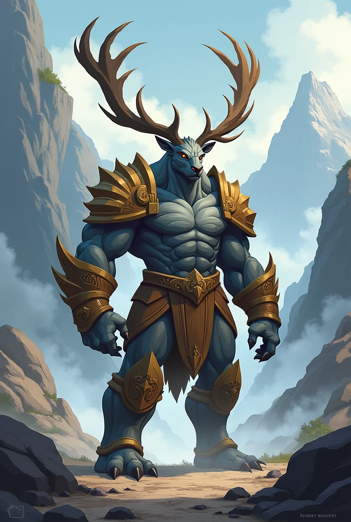 Design a 2D stylized illustration of 'Granite,' an elk-like creature with earth elemental powers. Granite should be depicted in a defensive pose, with stone armor covering its body. The background should feature a mountainous terrain with jagged peaks, rocky outcrops, and a misty horizon, creating a grand and enduring environment that emphasizes the elk's strength and the solidity of the earth element.