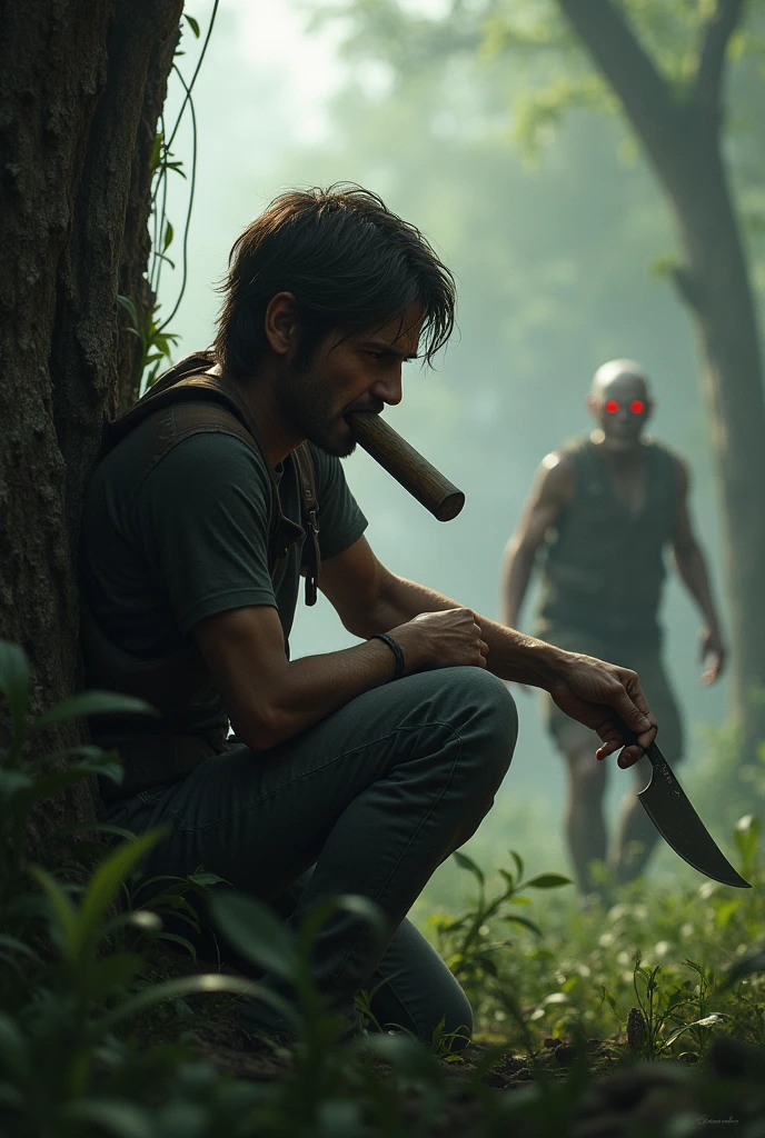 Elie is in last of us a critical situation. He is hiding behind a tree, zombies have approached him closely, and he is ready to defend and confront these terrifying creatures with a machete in his hand and another one in his mouth.