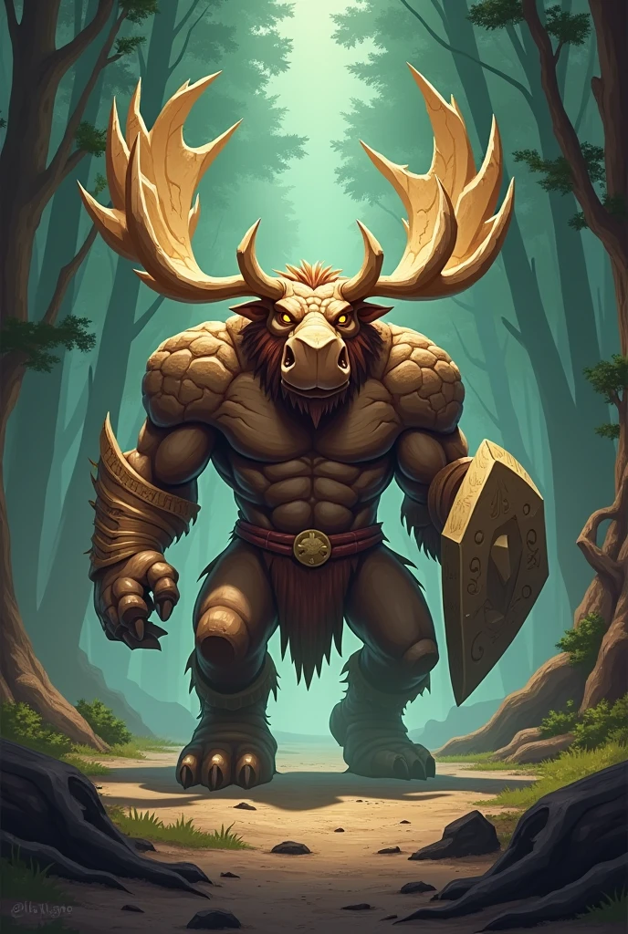 Design a 2D stylized illustration of 'Boulder,' a moose-like creature of the earth element. Boulder should be in a strong, defensive stance, with earth shards forming a shield around it. The background should feature a dense forest floor with towering trees, fallen logs, and earthy tones, creating a grounded and robust environment that reflects Boulder’s resilience and the protective nature of the earth element.