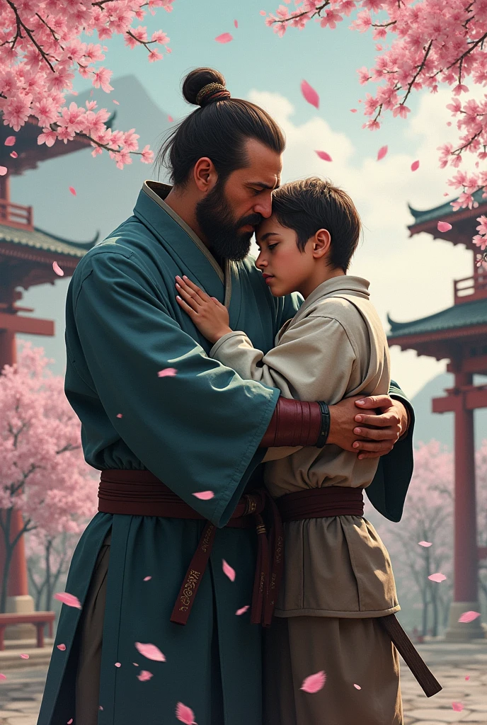Martial arts master hugs his son goodbye before heading off to war