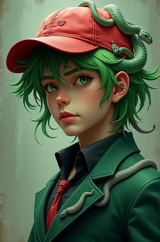 Young man with green hair made of snakes and covered with a red cap and dark green suit with gray snakes only in his hair and covered with the cap