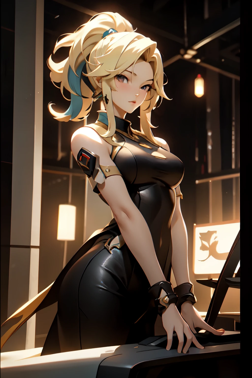 ((best quality)), ((Masterpiece)), (details:1.4), 3d, HDR (high dynamic range), an image of a beautiful cyberpunk female, Hight ponytails, Blonde hair, Black eyes, จมูกโด่ง, ปากแดง, หน้าอกใหญ่, nvidia RTX, PBR surface, After processing, Anisotropic filtration,depth of field, Maximum clarity and clarity, multi-layered surface, Subsurface scattering, perfect proportions, 8K raw files, ความละเอียดสุดยอด, Unreal 5, Perfect proportions, Octane Render, Two-tone lighting, Wide aperture, Low ISO, รายละเอียดดวงตา, crusader, Fierce