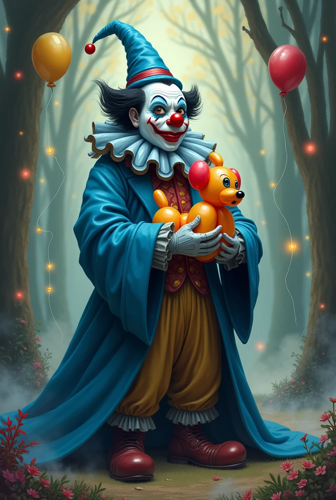 A clown in a blue wizard robe with a small balloon dog sitting in his arms