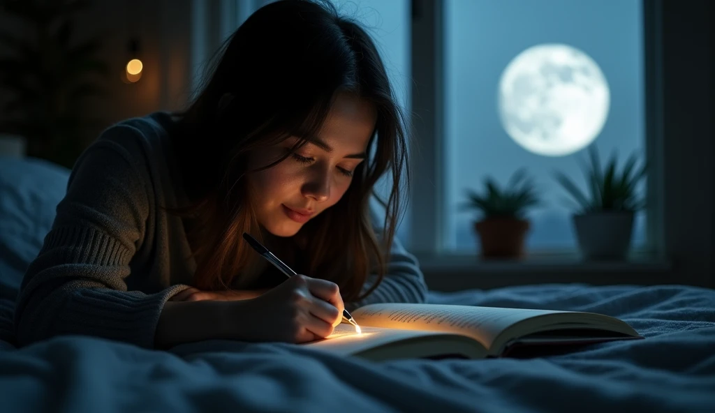 A close-up of a person writing intentions in a journal by moonlight, with the moon clearly visible outside the window. The scene should have a calm and focused vibe, with the moonlight symbolizing clarity and purpose. The atmosphere should be contemplative and purposeful. -ar 16:9
