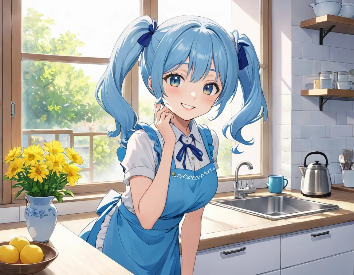 Light blue long hair、Beautiful girl with twin tails、Bright, sunny kitchen、There are lots of margaret flowers on the windowsill.、A woman in an apron holding a large visa(1:2)Making、A very bright smile