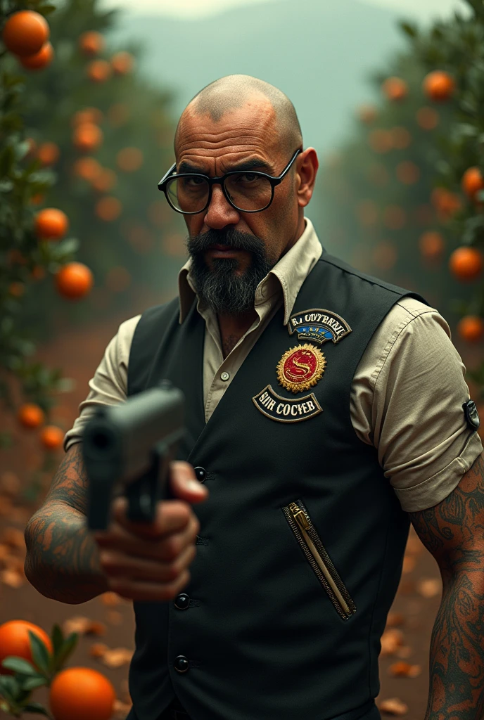 Pablo Escobar bald with beard, face tattoo, black-framed glasses, motorcycle club vest, holding gun, tangerine plantation