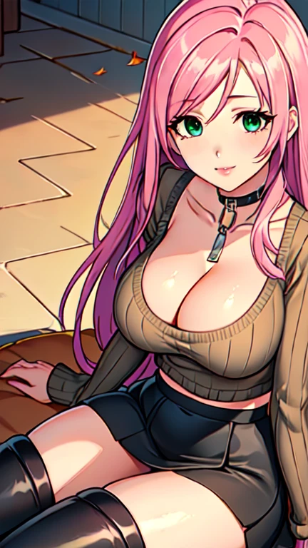Masterpiece, raw, beautiful art, professional artist, 8k, art style by sciamano240, very detailed face, very detailed hair, 1 woman, perfectly drawn body, beautiful face, long hair, pink hair , very detailed green eyes , rosey cheeks, intricate details in eyes, playful smile, looking directly at viewer , in love with viewer expression, black chocker, lipstick, wearing cute fall clothes, tight ribbed light brown crop sweater, short black pencil skirt, thigh boots, sitting down on chair, sunny day fall, legs spread wide open, cleavage exposed