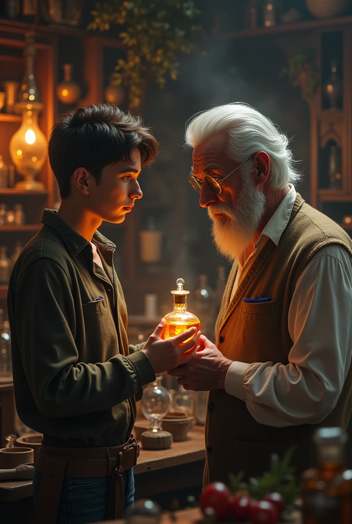 The young man tells the angry old master perfumer that his perfume is ready