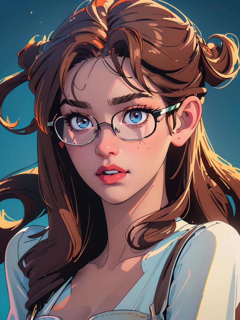 detailed art masterpiece, 2d style, girl with beautiful detailed eyes, beautiful detailed lips, extremely detailed eyes and face, long eyelashes, rounded glasses, curly brown hair, white bouffant dress, cleavage, man with brown short hair, overalls, farm, intricate details, vibrant colors, dynamic composition, cinematic lighting, photorealistic, (best quality,4k,8k,highres,masterpiece:1.2),ultra-detailed,(realistic,photorealistic,photo-realistic:1.37)