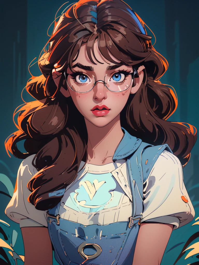 detailed art masterpiece, 2d style, girl with beautiful detailed eyes, beautiful detailed lips, extremely detailed eyes and face, long eyelashes, rounded glasses, curly brown hair, white bouffant dress, cleavage, man with brown short hair, overalls, farm, intricate details, vibrant colors, dynamic composition, cinematic lighting, photorealistic, (best quality,4k,8k,highres,masterpiece:1.2),ultra-detailed,(realistic,photorealistic,photo-realistic:1.37)