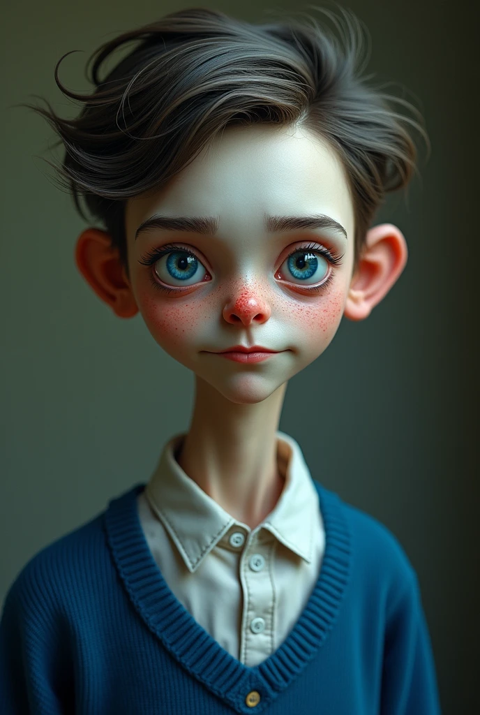 A skinny boy who is 165 years old and , with a face like a slut with a blue sweater and a white shirt, with a side-swept hairstyle and ugly imperfections