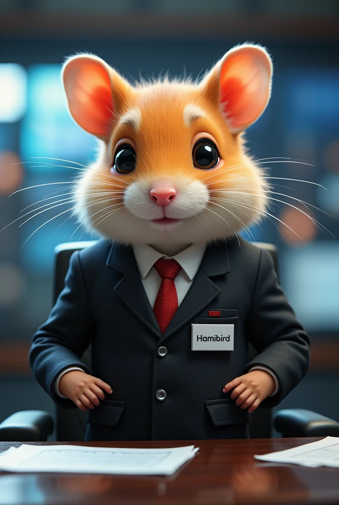 A male hamster like a bird sitting on a chair as a news caster ready to say the news of the day like a boss putting on a suit that the name tag hamibird