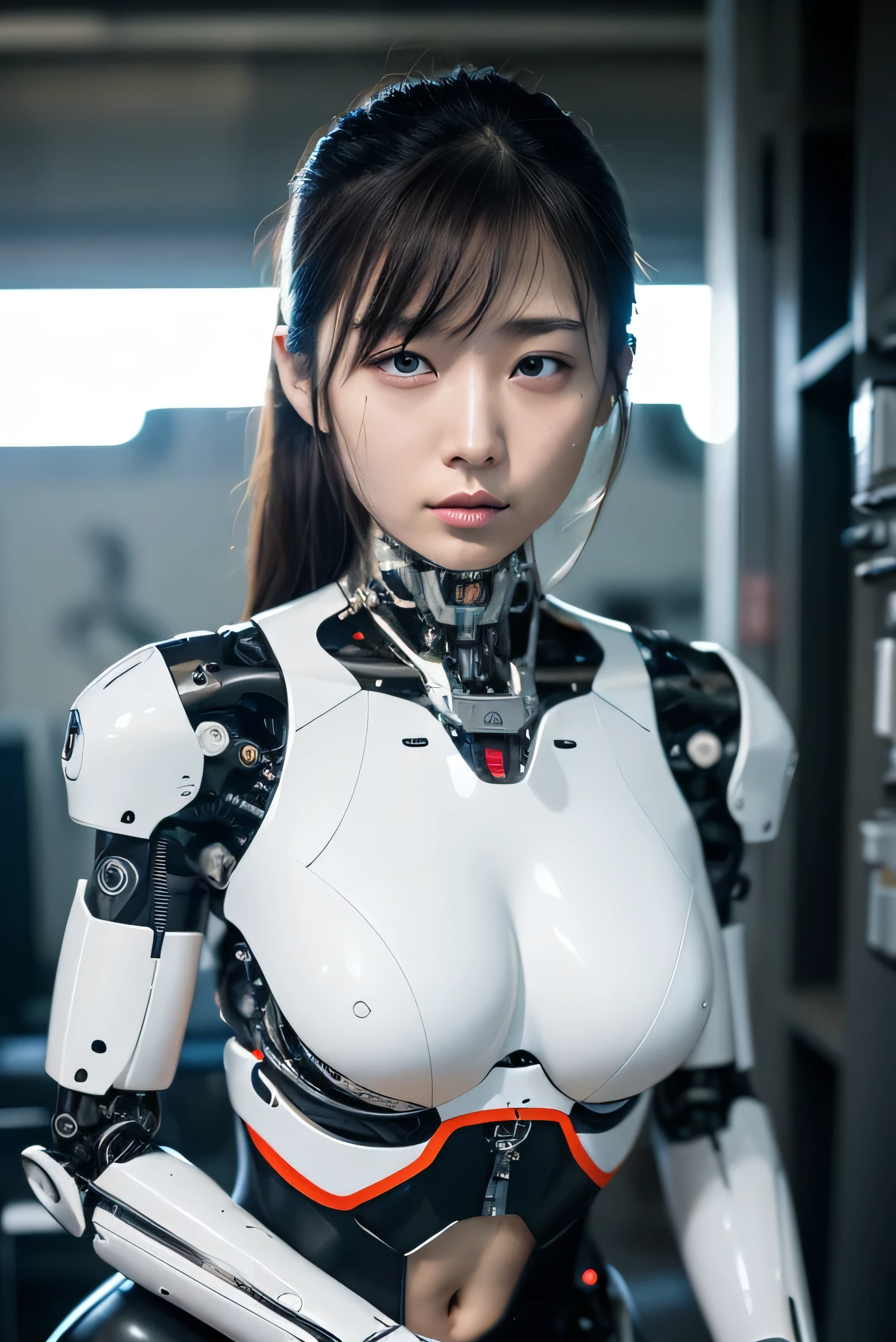 masterpiece, best quality, extremely detailed,  Japaese Cyborg girl,Plump , control panels,android,Droid,Mechanical Hand, Robot arms and legs, Black Robot Parts,Black hair,Mechanical body,Blunt bangs,White robotics parts,perfect robot girl,long tube,thick cable connected her neck,ceramic body ,mechanical body, mechanical ear cover, mechanical costume,android,robot,humanoid,cyborg,japanese android woman ,mechanical chest,full eyes,future laboratory,connecting a cable between the legs,rolling eyes