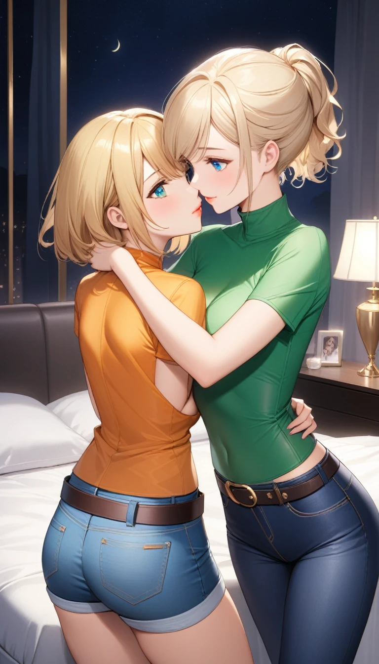Two beautiful ladies ((lady 1: 35y old mom, with short straight blonde hair, lady 1 with blue eyes and caucasian skin, lady 1 wearing Tight Jeans and Leather Belt, lady 1 Sexy Criss Cross Mock Neck Short Sleeves Orange Blouse)), ((lady 2: 13y old daughter, with short straight blonde hair, lady 2 with blue eyes and caucasian skin, lady 2 wearing Tight Jean Shorts and Leather Belt, lady 2 Sexy Criss Cross Mock Neck Short Sleeves Green Blouse)), luxurious jewelry, 18k gold wedding ring on left hand, standing in their bedroom at night, hugging and kissing each other, (light brown lipstick), (elegant mascara), (slim body), (small breasts), (wide hips), endjourney, <lora:GoodHands-, <lora:GoodLegs-, UHD, high resolution, (expressive eyes, perfect face, full body, expressive face, perfect body, perfect pussy, athletic, fit, slim body, blushing, Perfect makeup, eyeliner, beautiful eyelashes, smiling, horny face), ((best illumination, best shadows)), ((sexy pose)), ((Front pov:1.1))