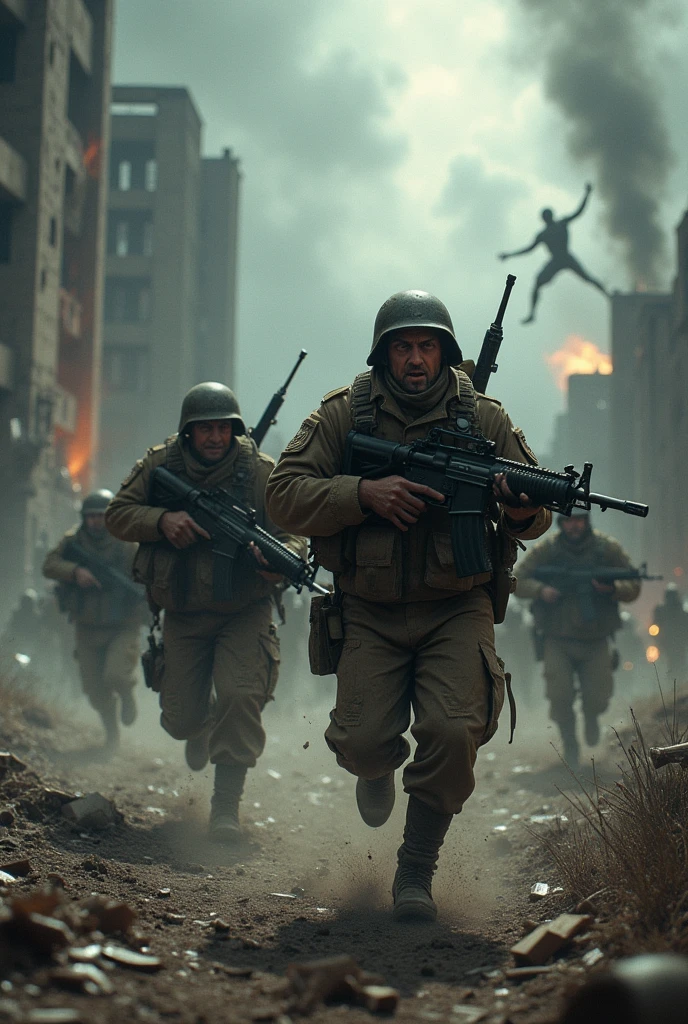 Scared soldiers running away from aliens