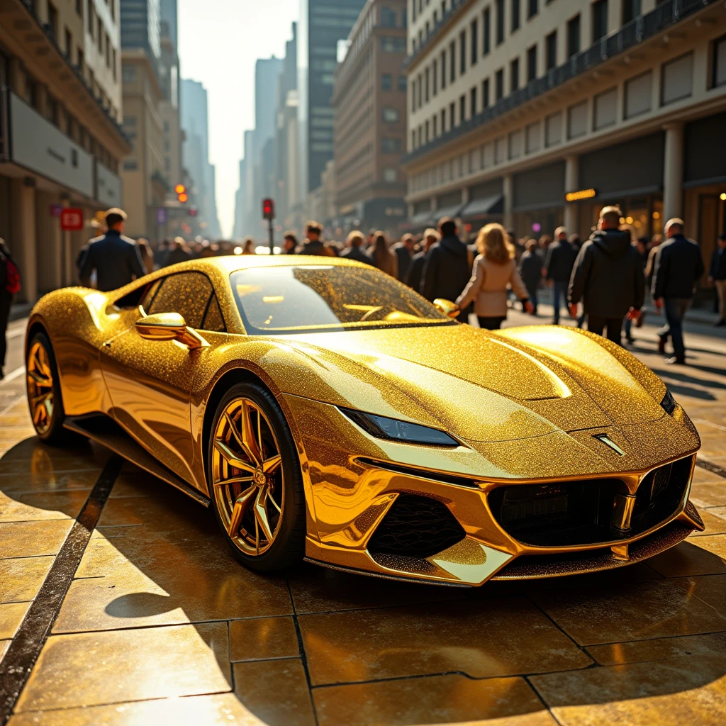 Create me a beautiful car that will catch people's attention in a scenario that will catch people's attention too, a car made entirely of gold