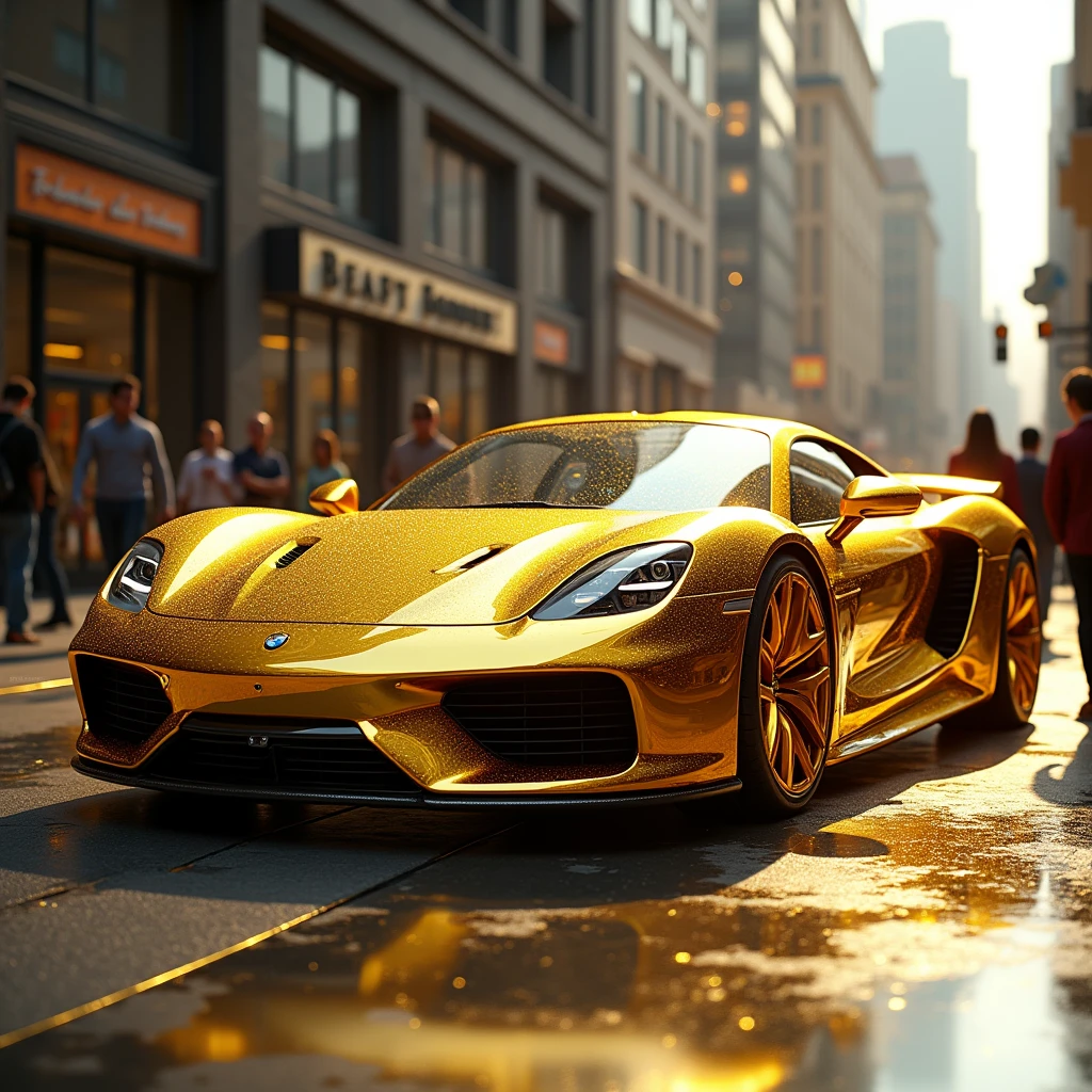 Create me a beautiful car that will catch people&#39;s attention in a scenario that will catch people&#39;s attention too, a car made entirely of gold