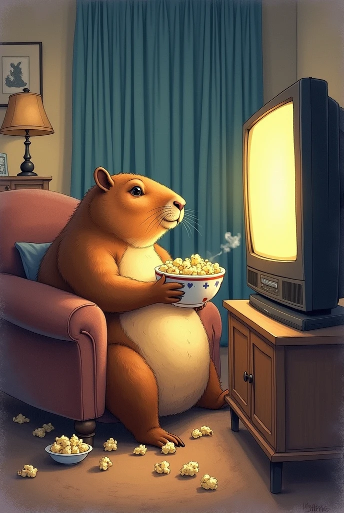 drawing of a capybara watching television eating popcorn