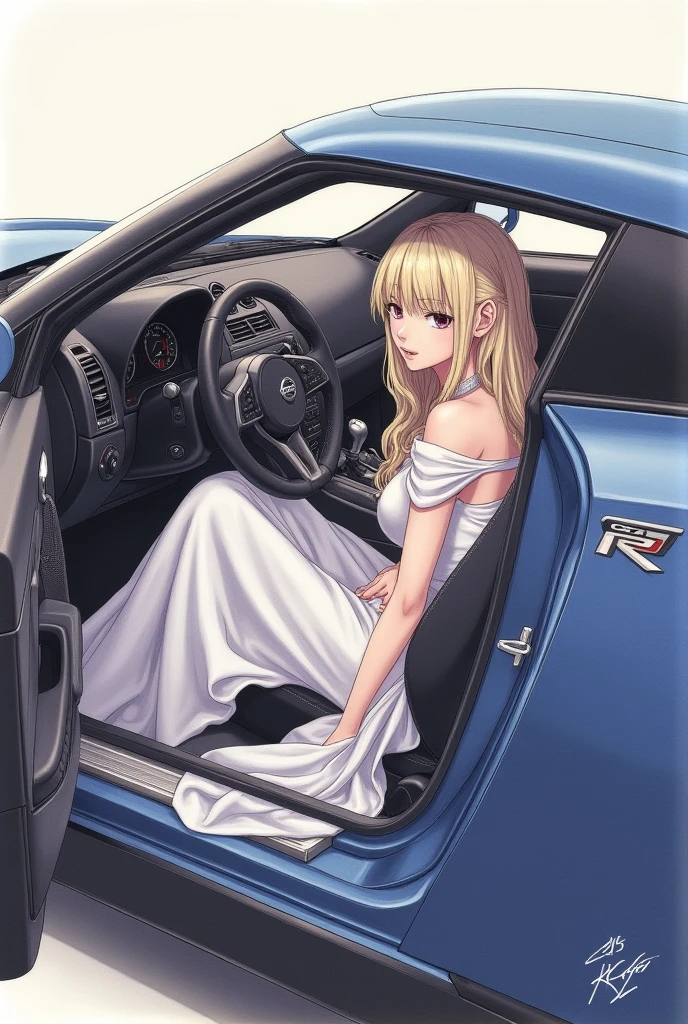 Elizabeth from the 7 deadly sins with great features inside a gtr 35 from the side do it like a drawing