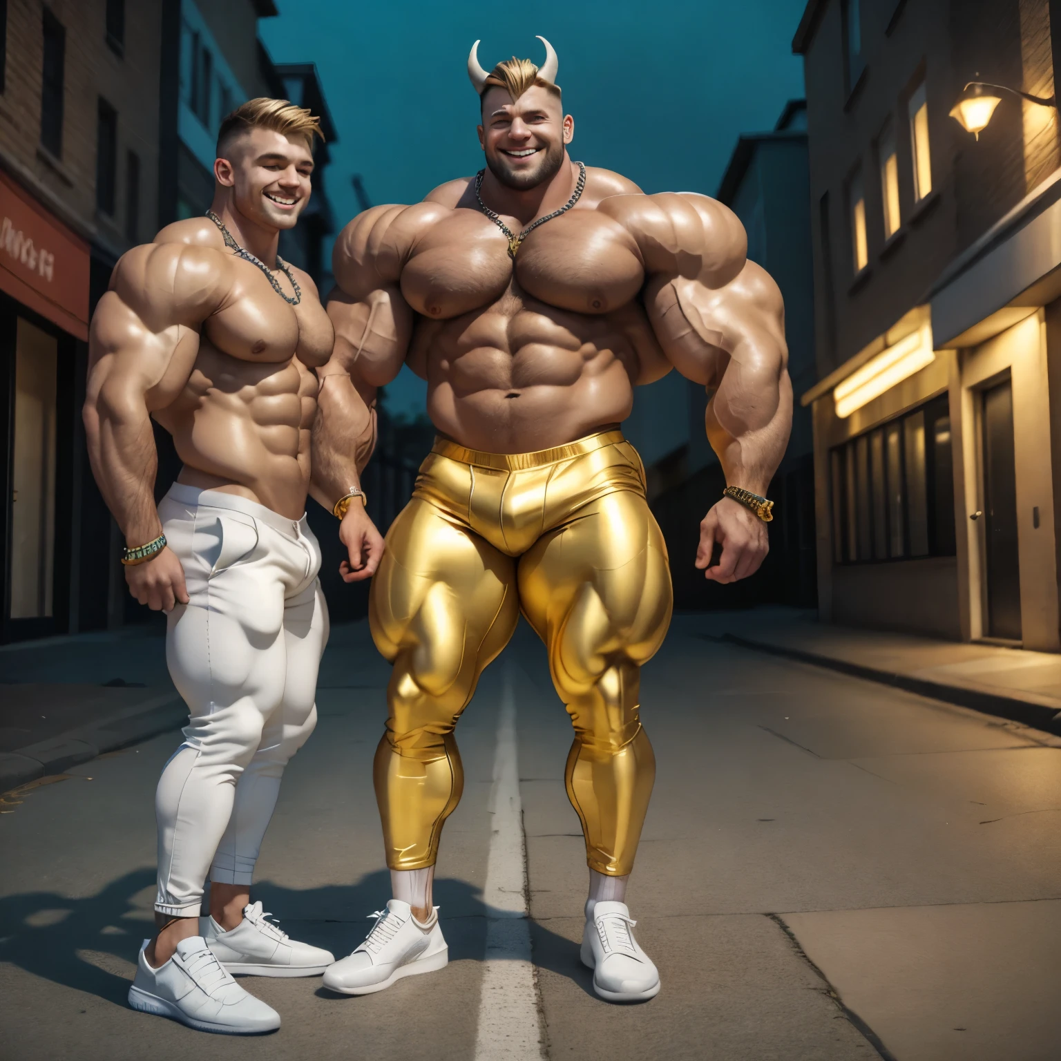 full view full body, one handsome over-muscular and over-bodybuilded young white male with long demon blue and gold horns, blond preppy undercut clean haircut, angelic face, tanned, in shiny light-blue rubber suit and white socks, white chunky hyper-fashion Gucci loafers, lots of golden rings,necklaces,bracelets, lying groggy on the ground, fighting with a young white skinny boy with light-brown hair, tattered trackies and sneakers, standing laughing at him, in deserted street, night
