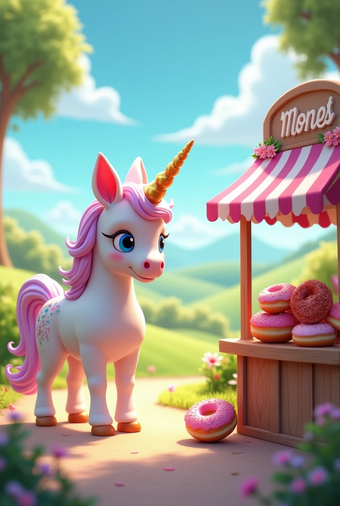 A unicorn selling donuts 