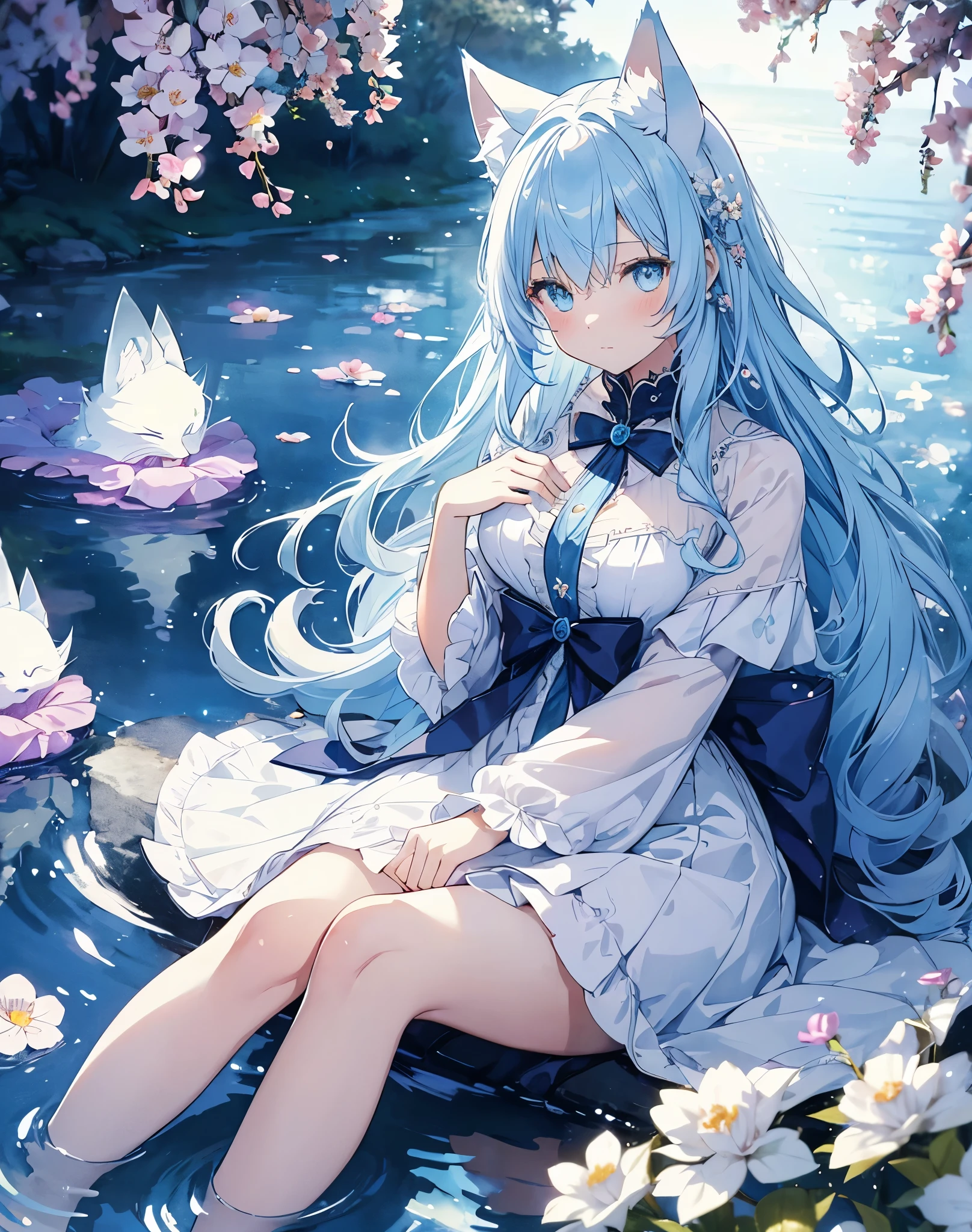 (high quality, 8k), (Soft Light), Iridescent, One nekoGirl, neko ears, fox tail,Detailed face, Beautiful Eyes, watercolor paiting, So magical and dreamy, Dreamy details, Dreamy atmosphereとドラマ, Gorgeous atmosphere, Fantastic and beautiful lighting, Dreamy atmosphere, Beautiful atmosphere, Dreamy Romantic, Fantastic and dreamy theme, Magical atmosphere, Beautiful atmosphere, Anime Background Art, Magical atmosphere + Tabletop, Dreamy aesthetics, Beautiful details with atmosphere, Lots of flowers, bubble, water, garden, Sit on the ground, Shining Eyes. (((Light blue hair))), (((white cat ears))), (((light blue fox tail))). Water