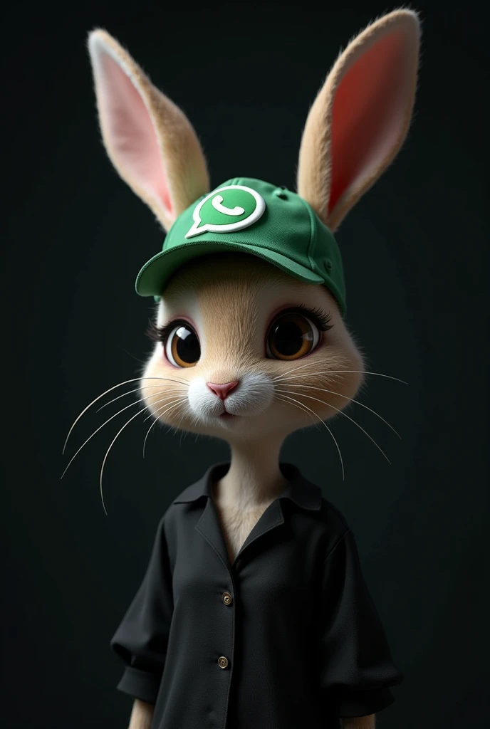 Human rabbit with a whatsapp hat and a black blouse , with a black background 
