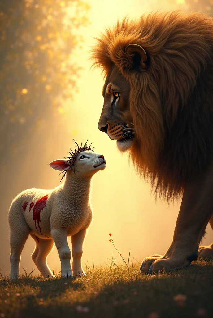 A wounded lamb with a crown of thorns facing a beautiful and glorious lion