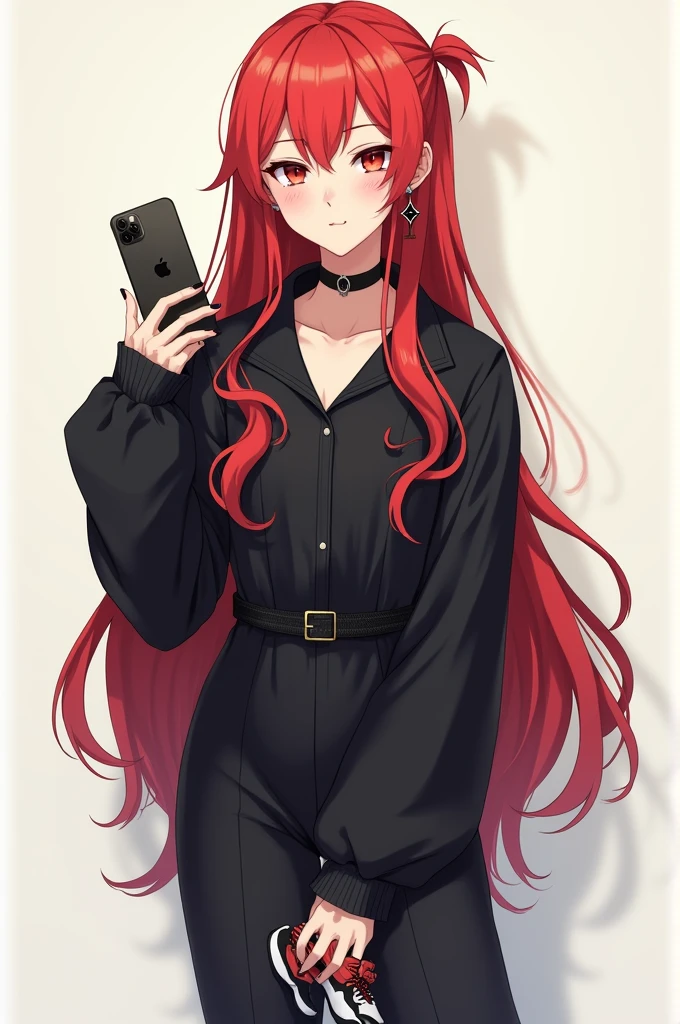 Anime version girl with long red hair, brush on the nose and cross earrings, white skin color, not very tall or very thin, black shirt, long sleeve black jumpsuit, Jordan retro 1 shoes and iPhone 15 pro max in hand