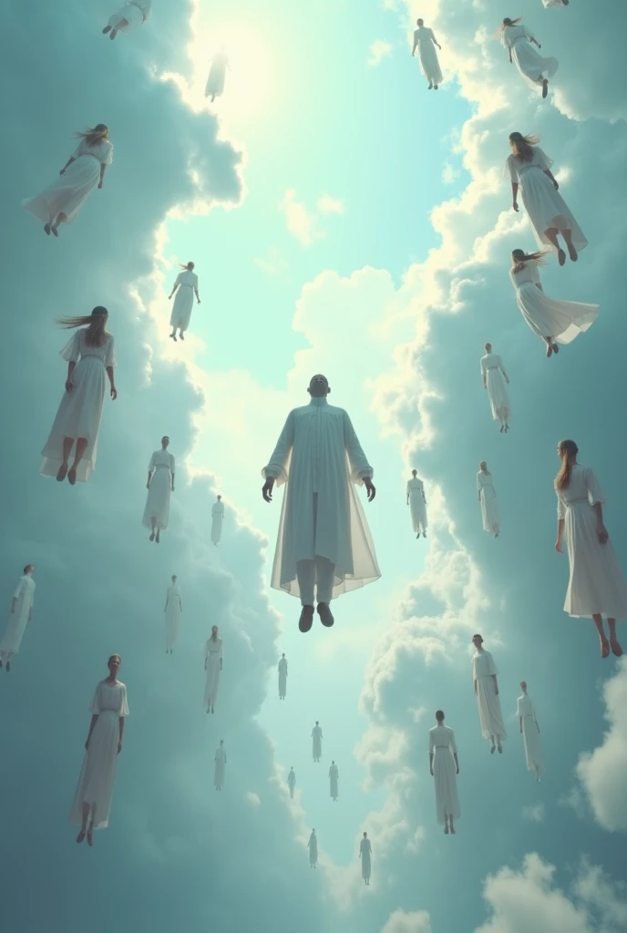 Create many people floating towards the sky and a man dressed in white but whose face cannot be seen floating majestically 