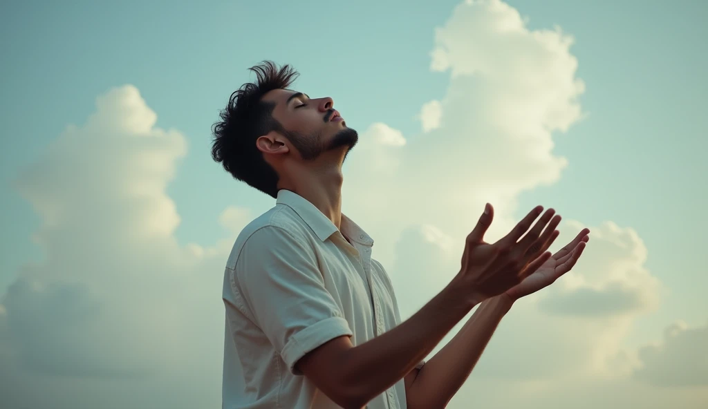 photograph of a young man praying to God with his hands extended to the sky