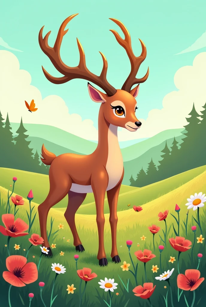 Design a 2D stylized illustration of 'Grove,' an antelope-like creature of the earth element. Grove should be depicted in a supportive pose, with plants and flowers blooming around it. The background should feature a vibrant meadow with wildflowers, rolling hills, and a clear sky, creating a fresh and lively environment that enhances Grove’s nurturing role and the vitality of the earth element.