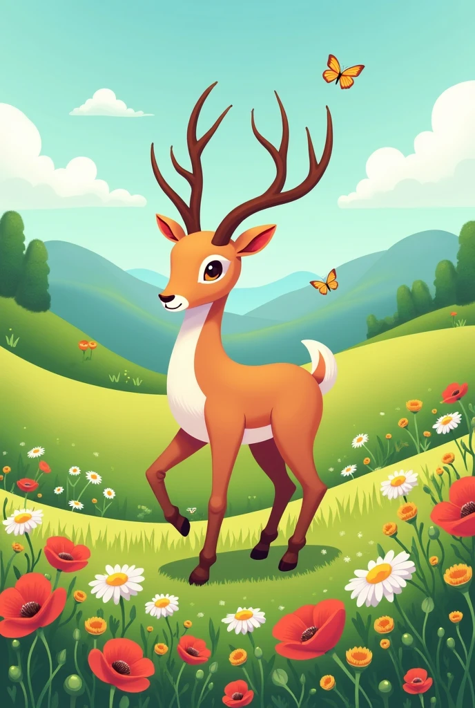 Design a 2D stylized illustration of 'Grove,' an antelope-like creature of the earth element. Grove should be depicted in a supportive pose, with plants and flowers blooming around it. The background should feature a vibrant meadow with wildflowers, rolling hills, and a clear sky, creating a fresh and lively environment that enhances Grove’s nurturing role and the vitality of the earth element.