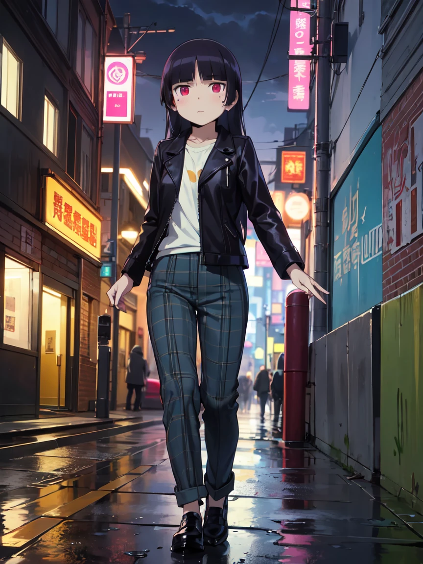  (ruri gokou), woman, alone, Hime cut, Mole under the eye, Red eyes, (Black Leather Jacket), Night City, neonライト, Graffiti wall,
after the rain, Wet asphalt reflecting light,
turn up one&#39;s jacket collar, Cool look,
Punk Style, Night City, neon, after the rain,Tartan trousers, 