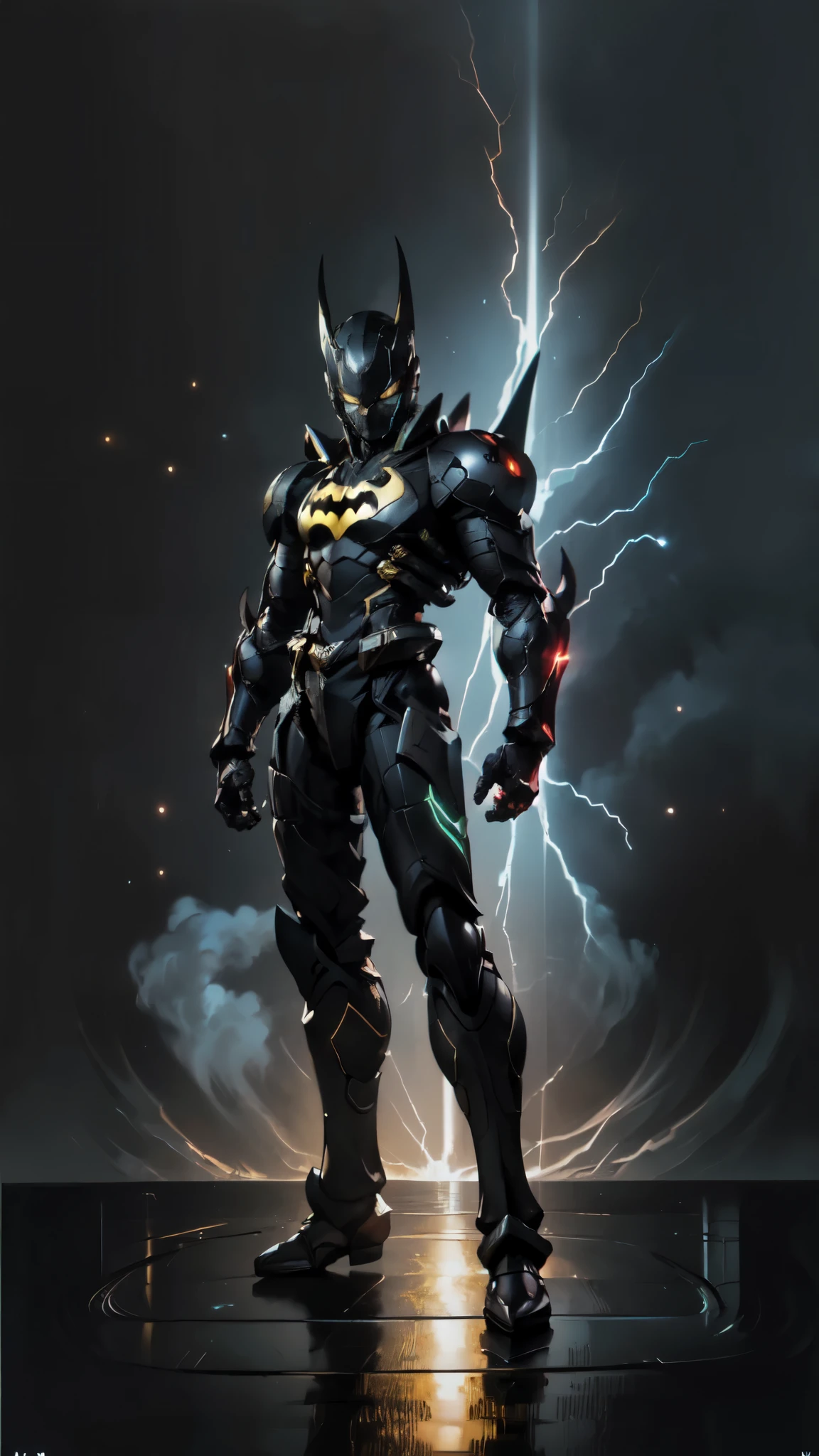(masterpiece:1.5, best quality:1.5, extremely delicate:1.5), a man wearing a full-face helmet, a fantasy-style biotech armored combat suit, green eyes, (a composite layered chest armor), fully enclosed shoulder guards, matching arm and leg guards, belt of Neon circuit, (the color scheme is primarily black with green and red accents), the design balances heavy with agility, a high-tech bio-mecha armor, (Armor Concept Inspired by Batman, stand on the top of a skyscraper in a futuristic sci-fi city), this character embodies a finely crafted fantasy-surreal style armored hero in anime style, exquisite and mature manga art style, (element, plasma, energy, the armor glows), ((male:1.5)), metallic, high definition, highres, ultra-detailed, ultra-fine painting, professional, perfect body proportions, golden ratio, anatomically correct, symmetrical face, extremely detailed eyes and face, high quality eyes, creativity, RAW photo, UHD, 32k, Natural light, cinematic lighting, masterpiece-anatomy-perfect