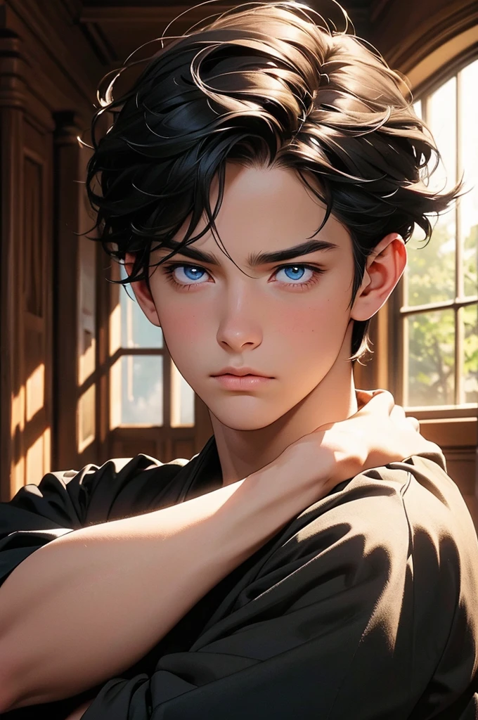 a young man with short black hair, wearing a schoolboy outfit, holding a wand, has a wizard-like appearance with an animal tattoo, has blue eyes and a grumpy look, in a medieval-style classroom, at a magic school, beautiful eyes, delicate features, soft colors, serene atmosphere, high quality, detailed, photorealistic, photo-realistic:1. 37, 4k, ultra-detailed, extremely detailed, hyperrealistic, highly detailed, masterpiece:1.2, vibrant colors, natural lighting, cinematic, dramatic, fantastic, magical, surreal.