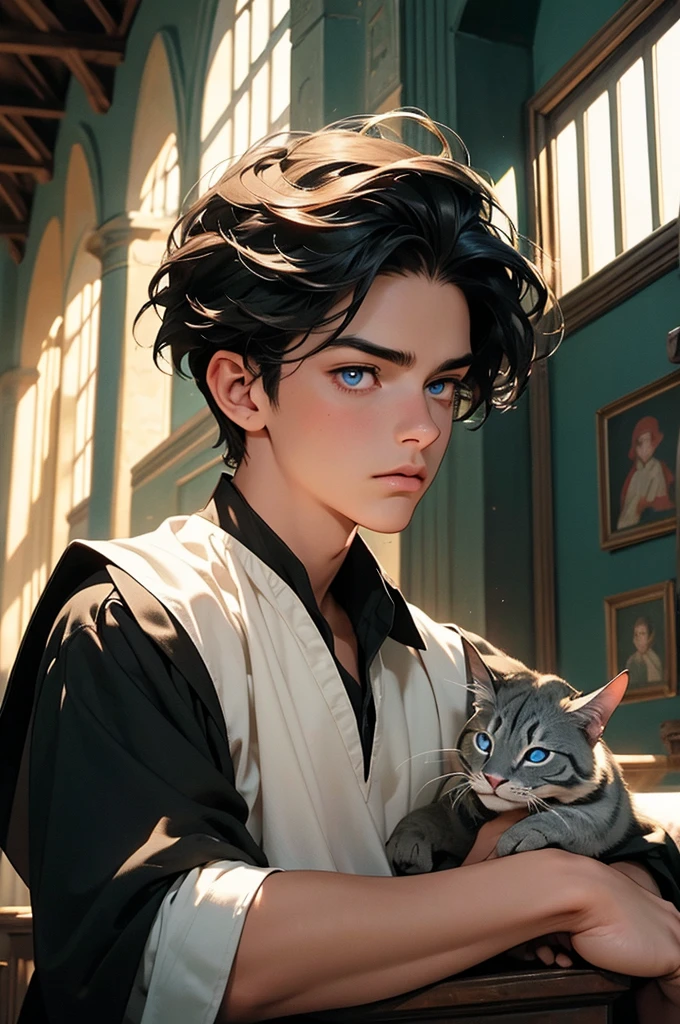 a young man with short black hair, wearing a schoolboy outfit, holding a wand, has a wizard-like appearance with an animal tattoo, has blue eyes and a grumpy look, in a medieval-style classroom, at a magic school, beautiful eyes, delicate features, soft colors, serene atmosphere, high quality, detailed, photorealistic, photo-realistic:1. 37, 4k, ultra-detailed, extremely detailed, hyperrealistic, highly detailed, masterpiece:1.2, vibrant colors, natural lighting, cinematic, dramatic, fantastic, magical, surreal.