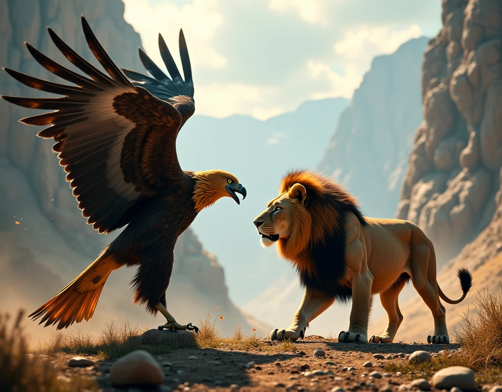 eagle and a lion, the two in front