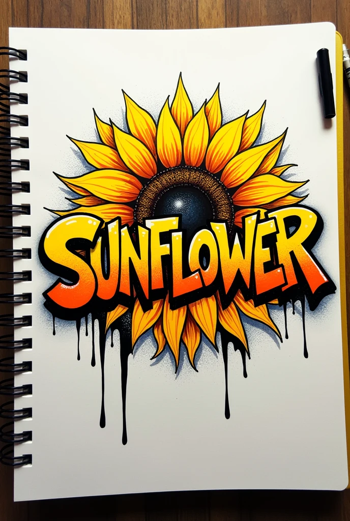 Create a graffiti in a ringed notebook that says SUNFLOWER with the colors yellow and orange and that I have a black border 
