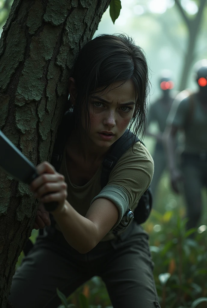 Ellie is in last of us a critical situation. He is hiding behind a tree, zombies have approached him closely, and he is ready to defend and confront these terrifying creatures with a machete in his hand and another one in his mouth.