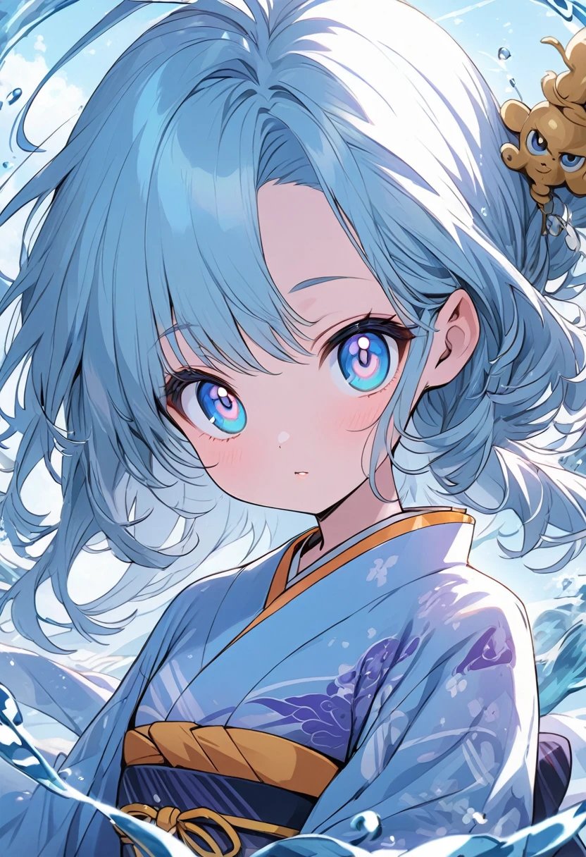 gorgeous female air and water wizzard in traditional kimono, magical female monk, blue shiny eyes, gorgeous big cute eyes, super cute anime face