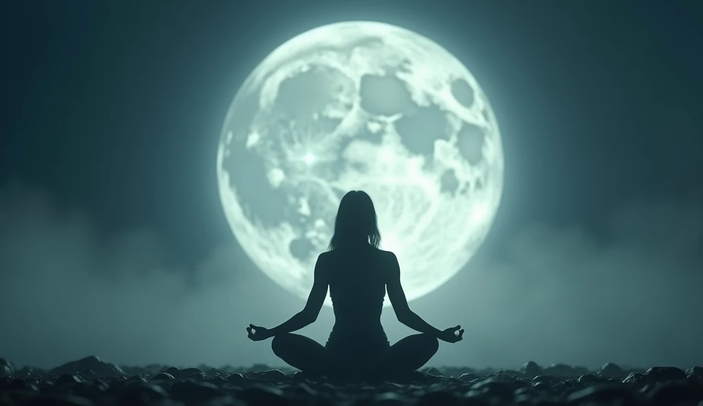 A powerful image of a person standing in a transformative pose, like a yoga stretch or meditation, with the full moon prominently above them. The scene should convey a sense of personal growth and change, with the moonlight symbolizing transformation and renewal. -ar 16:9