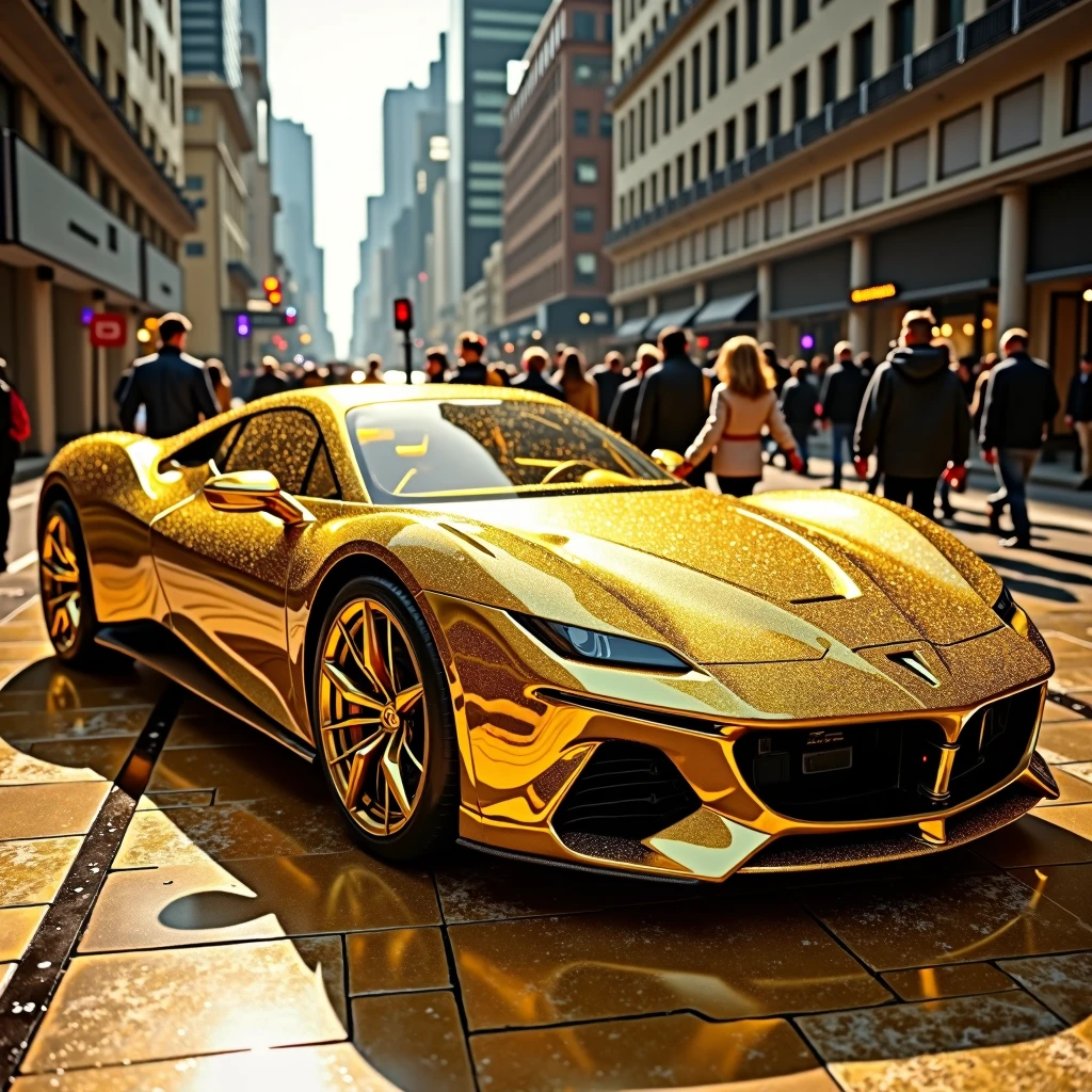 Create me a beautiful car that will catch people&#39;s attention in a scenario that will catch people&#39;s attention too, a car made entirely of gold
